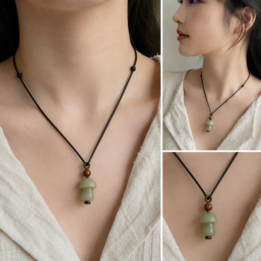 Natural Jade Mushroom Pendant Necklace Celadon Green Adjustable Cord handmadehan